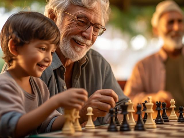 Abuelo jugando ajedrez con su nieto