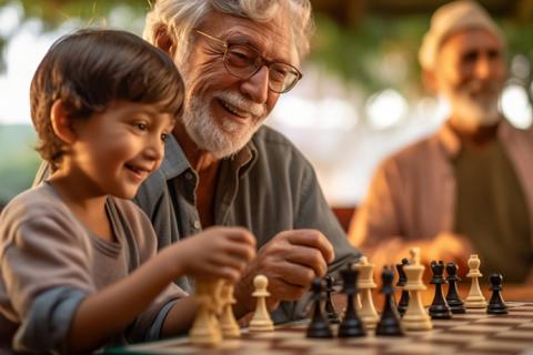 Abuelo jugando ajedrez con su nieto